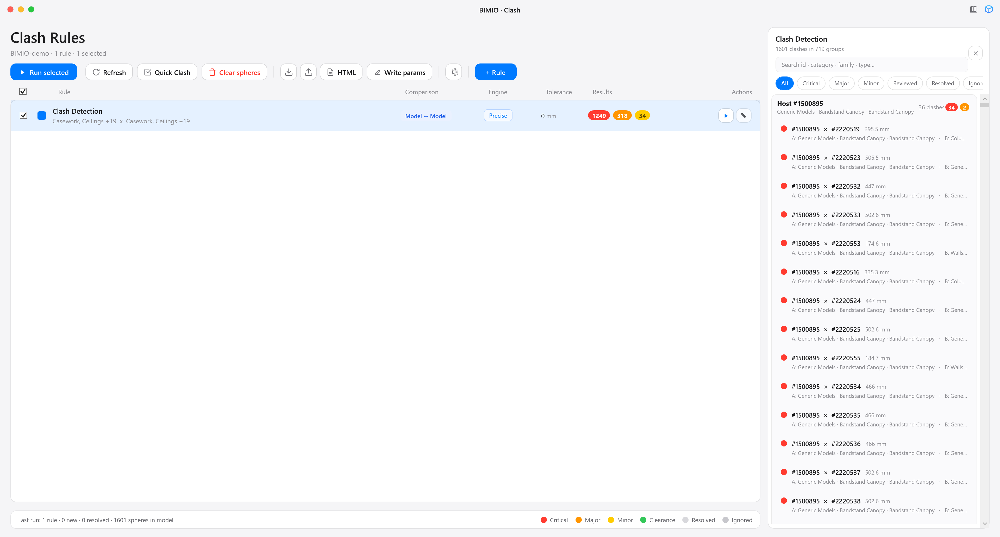Main BIMIO · Clash window with several rules in the list (comparison chips and severity chips with counts in red, orange, yellow and green), the full toolbar at the top and the clash browser open on the right showing clashes grouped by element.
