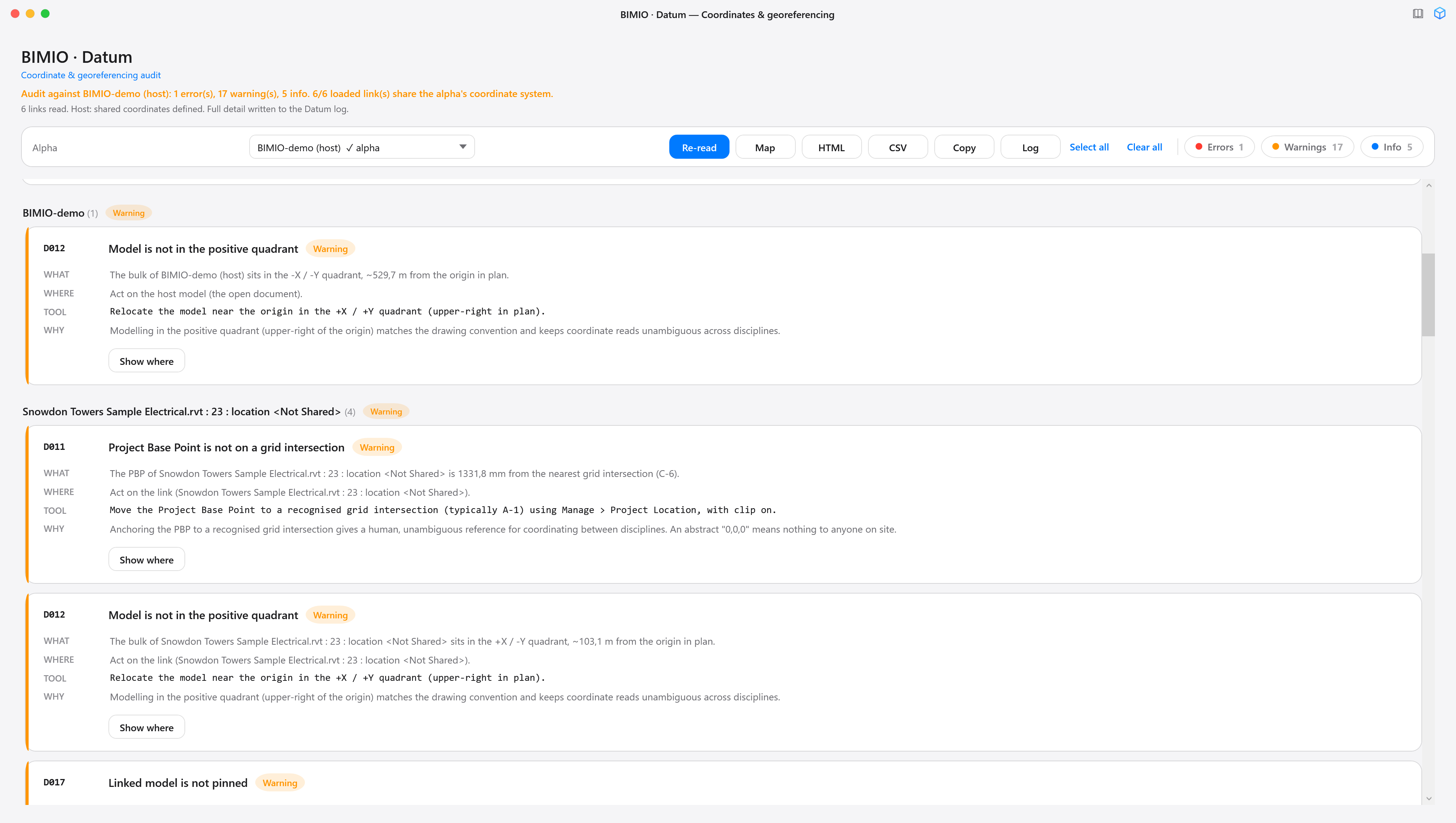 Datum's main window with a federated project loaded: verdict in orange with two errors and several warnings, Coordinates table with the host and three links, coordination matrix with pass/fail symbols and, below, finding cards grouped by model with their WHAT/WHERE/TOOL/WHY fields.