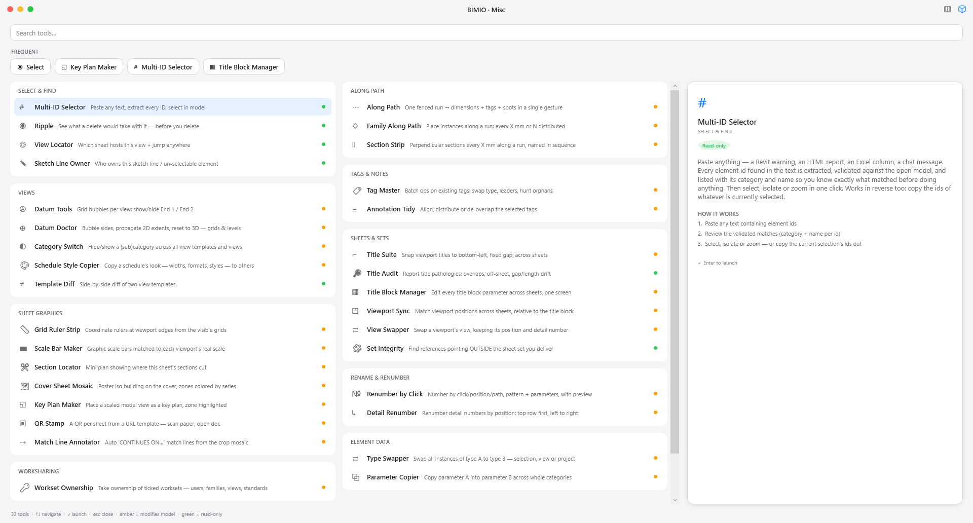 BIMIO · Misc hub window: search box at the top, FREQUENT chips below, section cards with utility rows in two columns and the detail panel on the right showing a highlighted utility with its badges and its HOW IT WORKS steps.