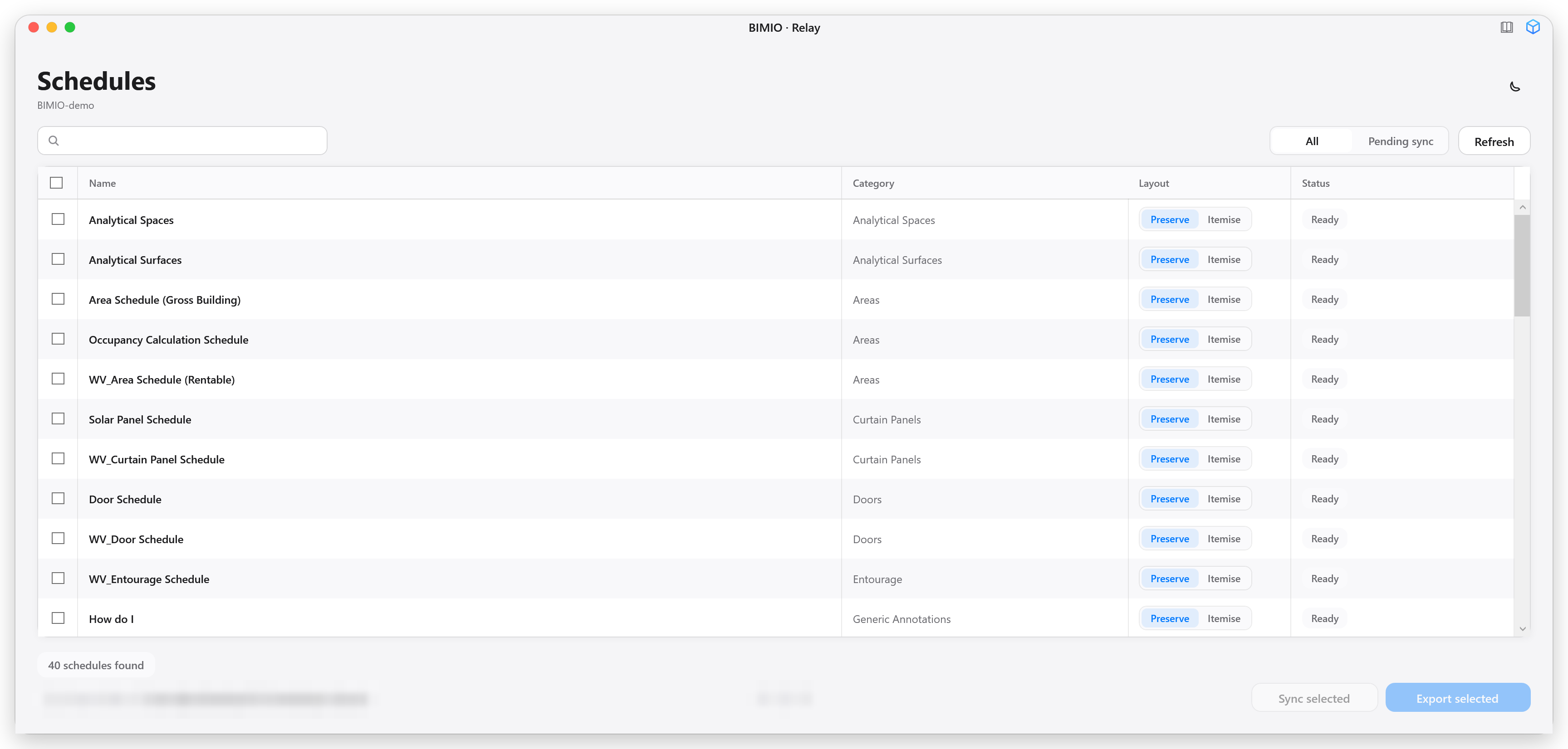 Main BIMIO · Relay window with the schedule list loaded: selection, Name, Category, Layout (Preserve/Itemise) and Status columns with pills in different colours; at the bottom, the Export folder chip and the Sync selected and Export selected buttons.