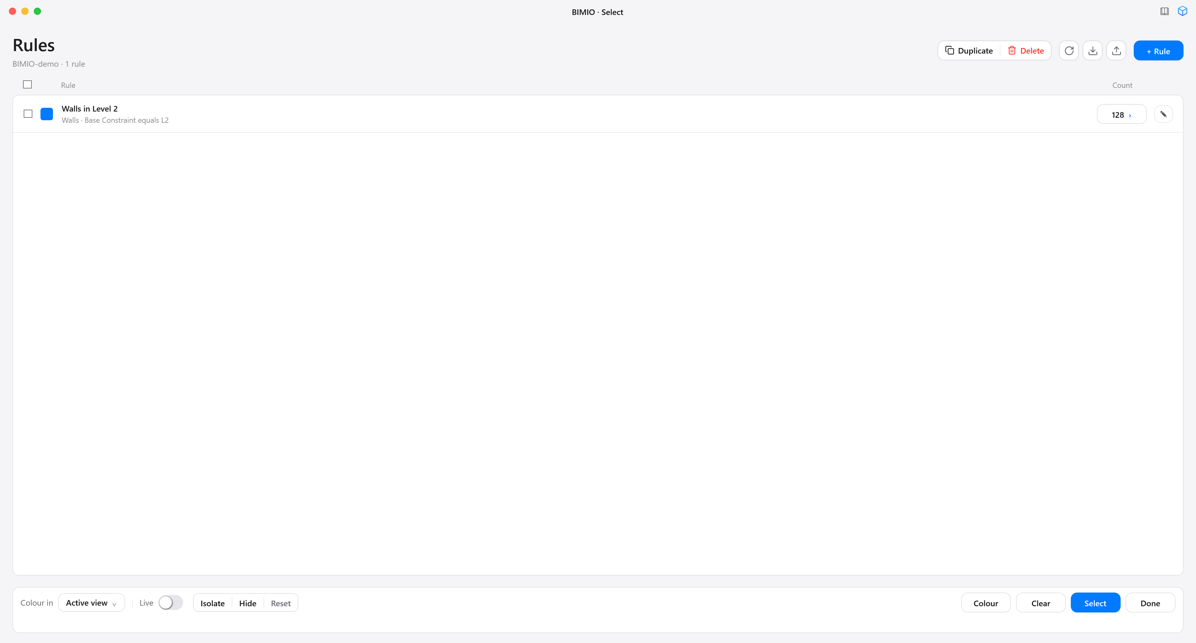 Main BIMIO · Select window with four or five rules in the list, each with its colour, summary and count; two rules ticked with their checkbox; in the footer, Colour in Active view, the Live toggle, the Isolate/Hide/Reset group and the Colour, Clear, Select and Done buttons.